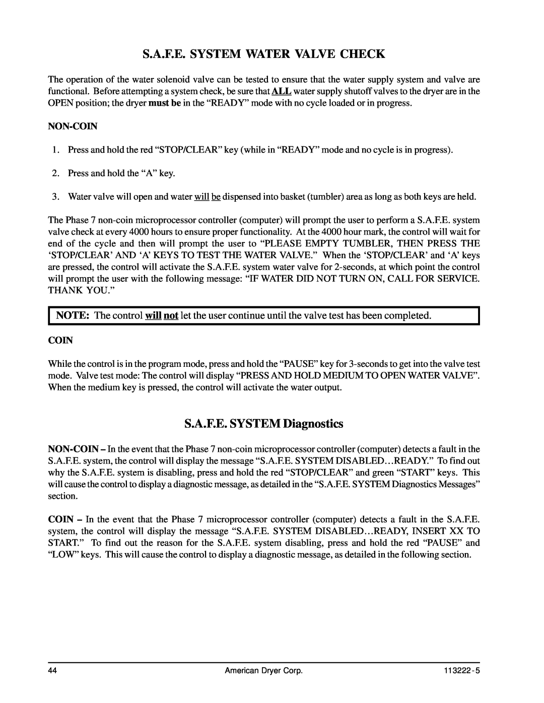 American Dryer Corp AD-24 Phase 7 S.A.F.E. System Water Valve Check, S.A.F.E. SYSTEM Diagnostics, Non-Coin 