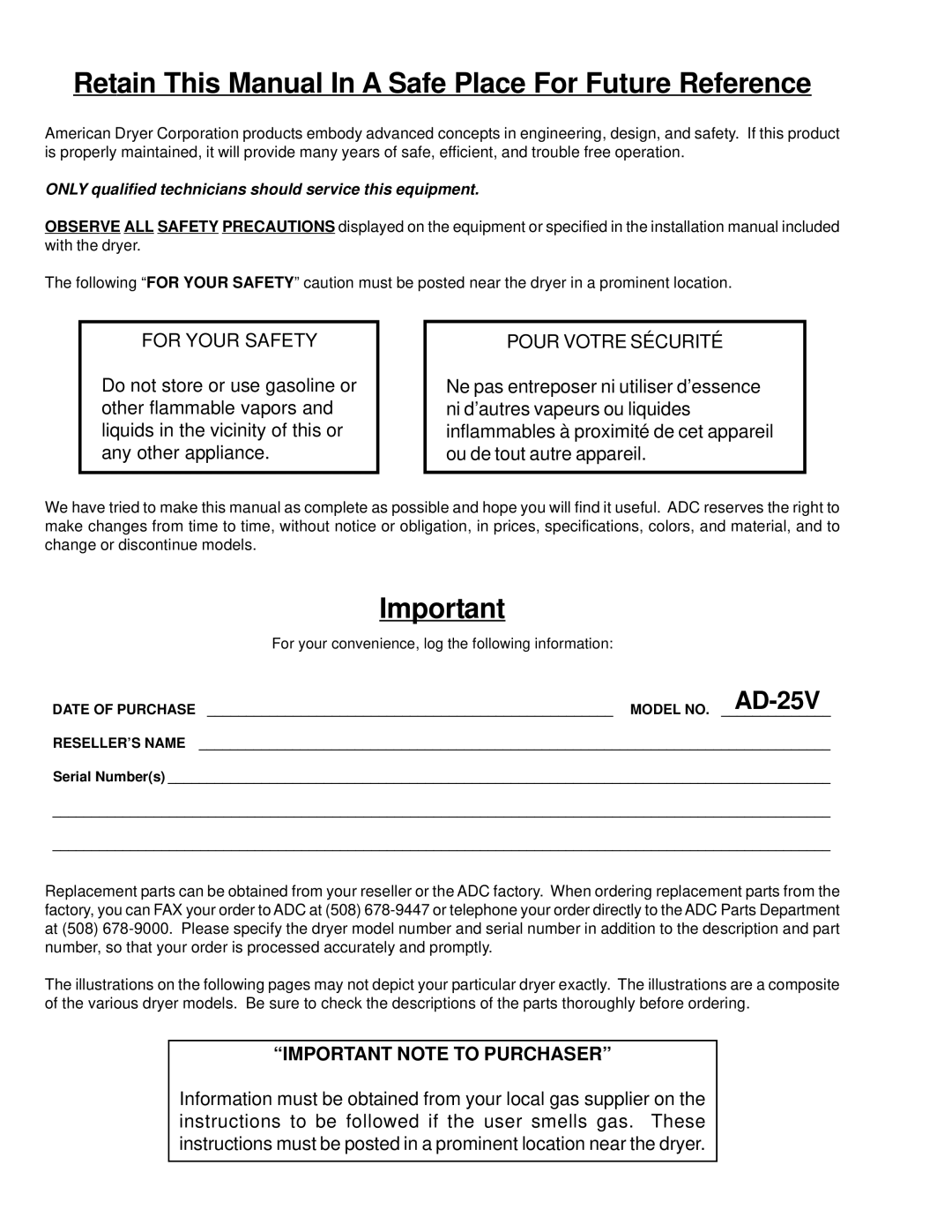 American Dryer Corp AD-25V manual Retain This Manual In a Safe Place For Future Reference 