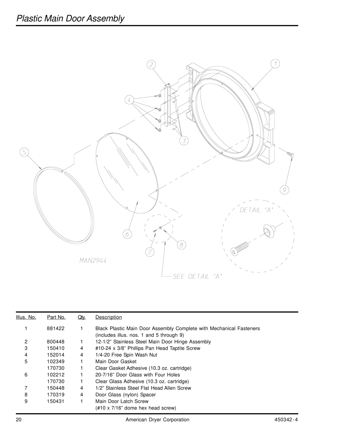 American Dryer Corp AD-25V manual Plastic Main Door Assembly 