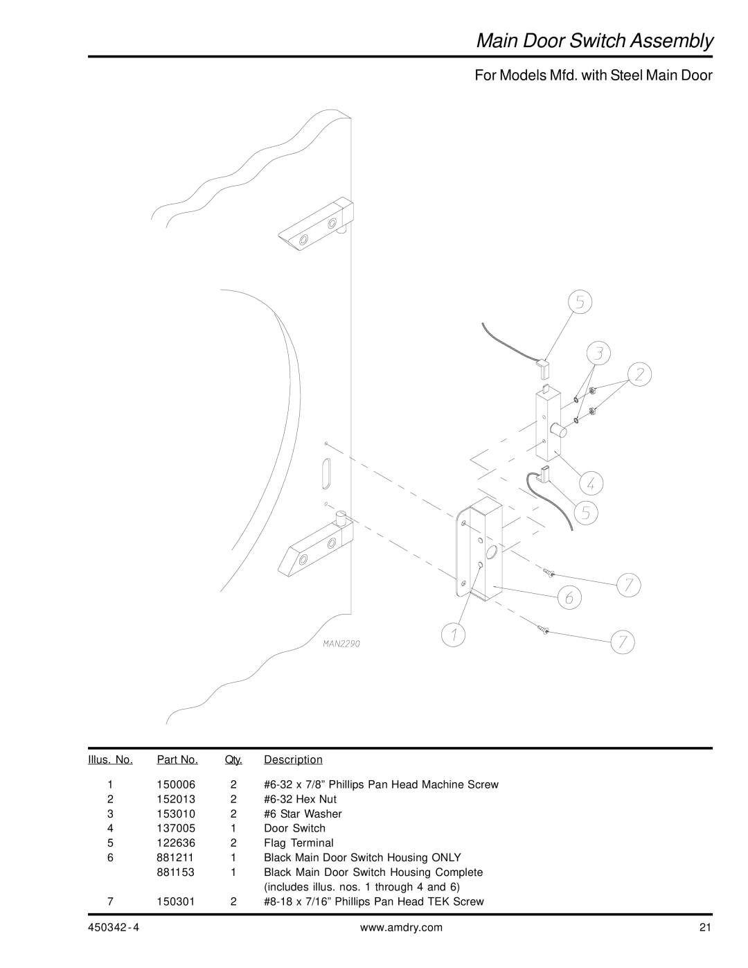 American Dryer Corp AD-25V manual Main Door Switch Assembly, For Models Mfd. with Steel Main Door 