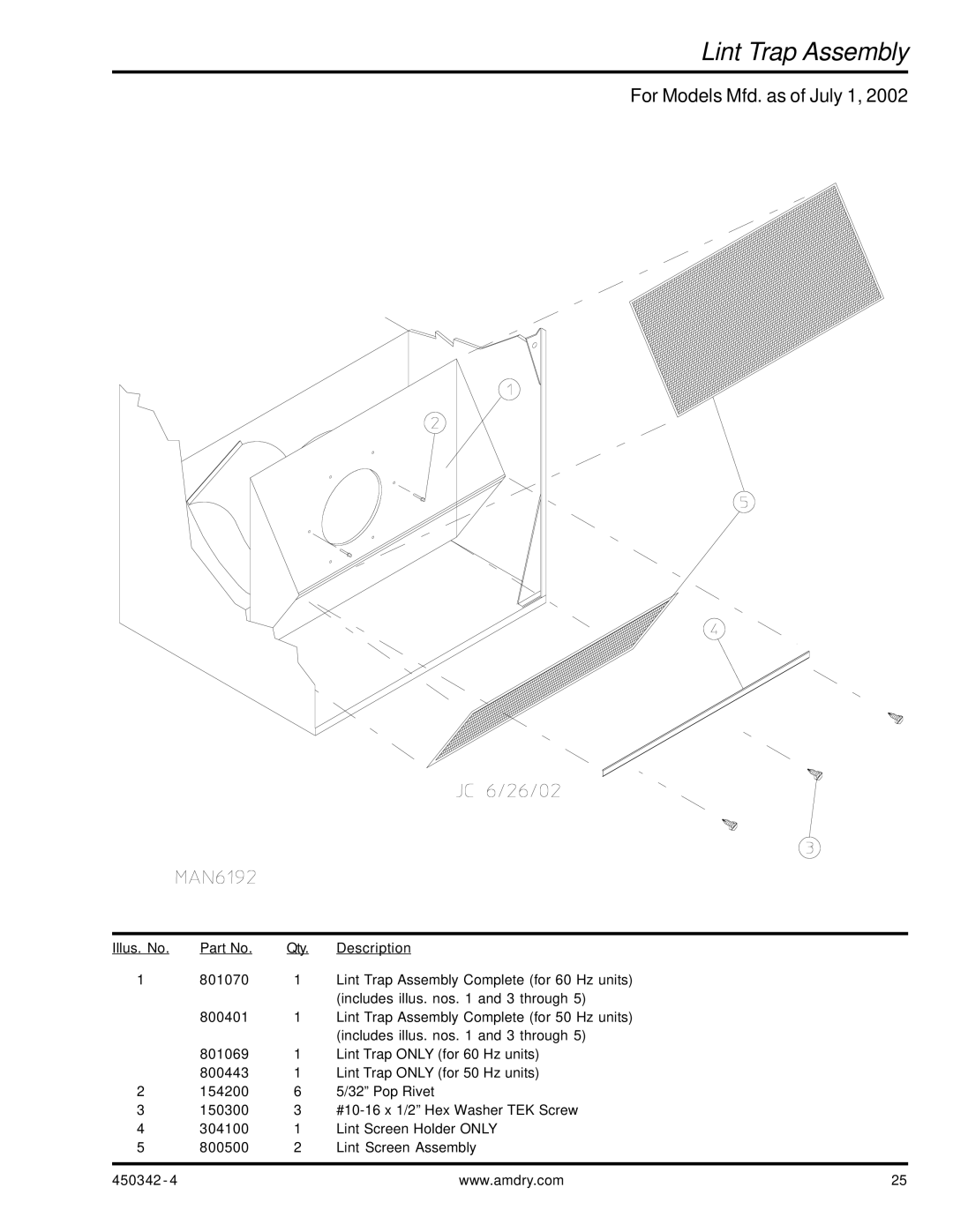 American Dryer Corp AD-25V manual Lint Trap Assembly 