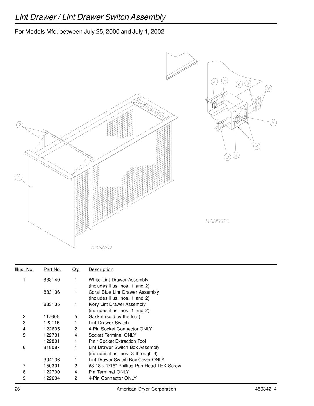 American Dryer Corp AD-25V Lint Drawer / Lint Drawer Switch Assembly, For Models Mfd. between July 25, 2000 and July 1 