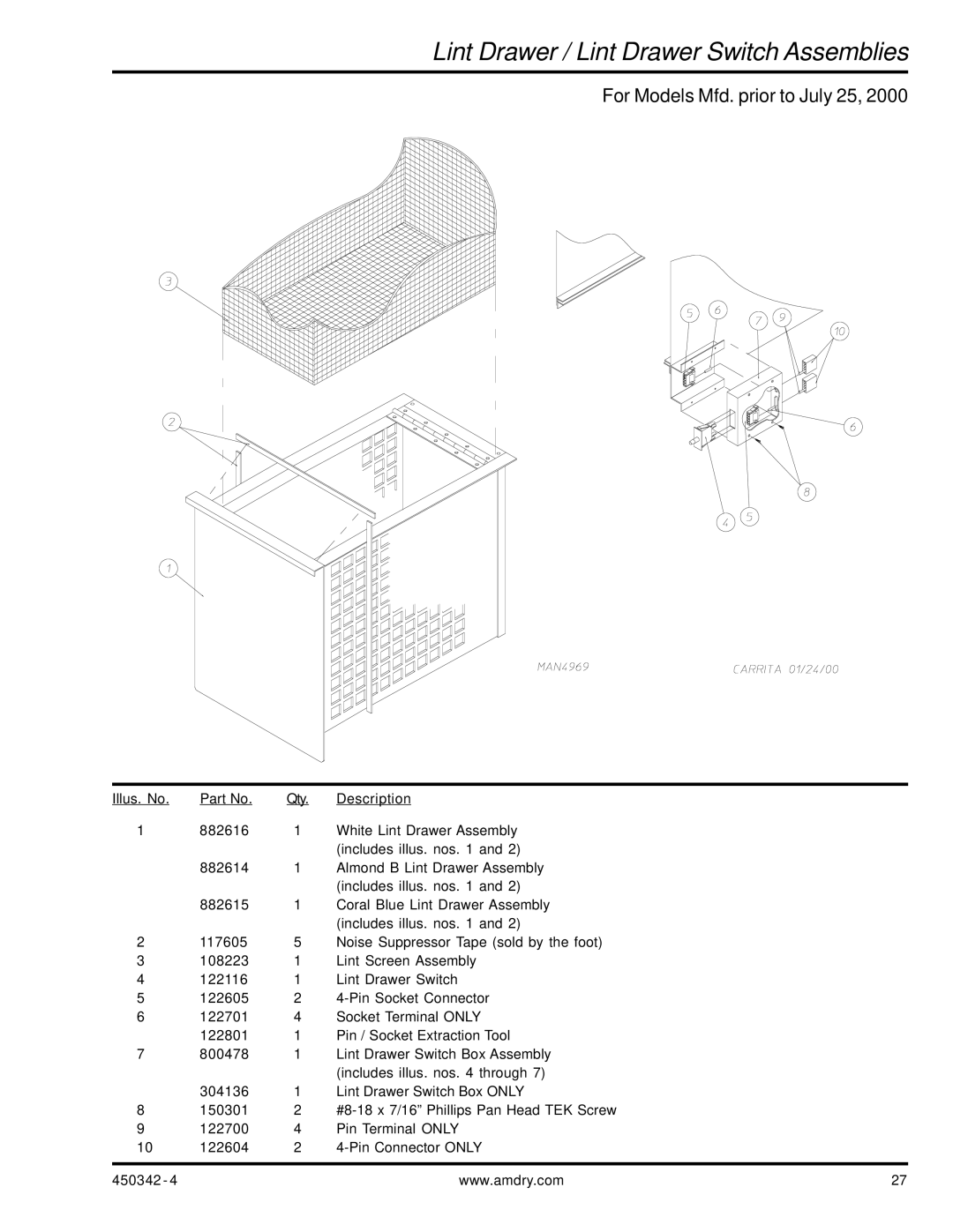 American Dryer Corp AD-25V manual Lint Drawer / Lint Drawer Switch Assemblies, For Models Mfd. prior to July 25 