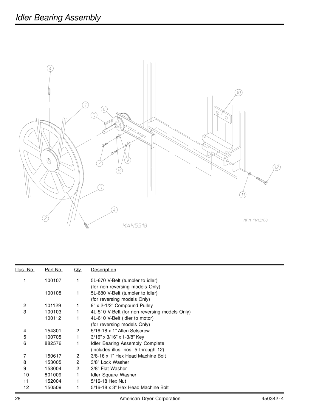 American Dryer Corp AD-25V manual Idler Bearing Assembly 