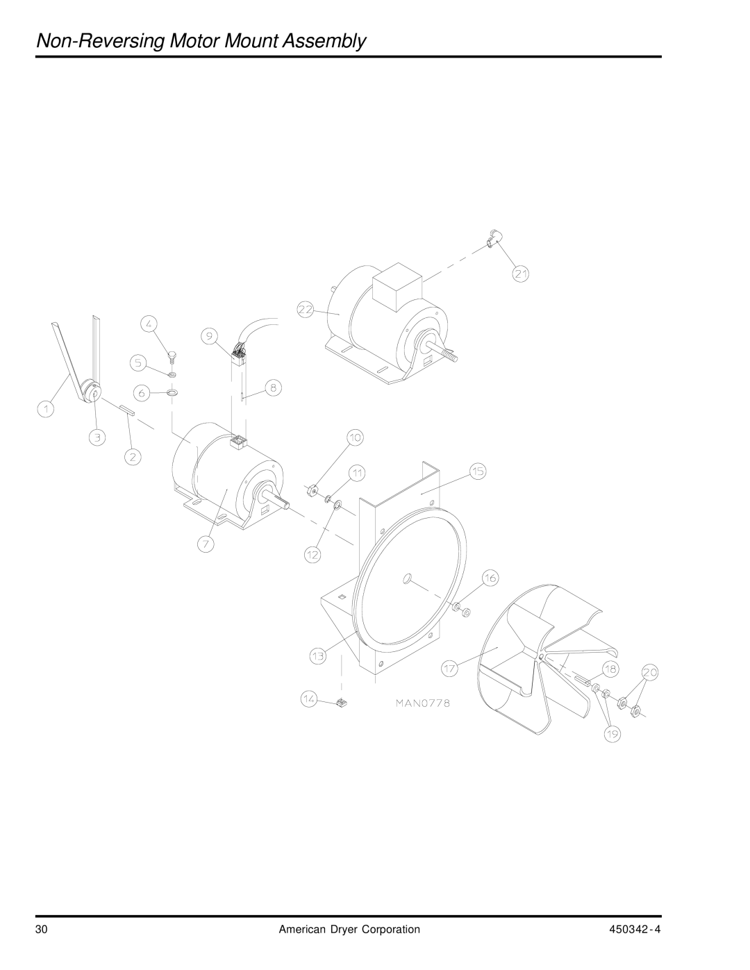 American Dryer Corp AD-25V manual Non-Reversing Motor Mount Assembly 