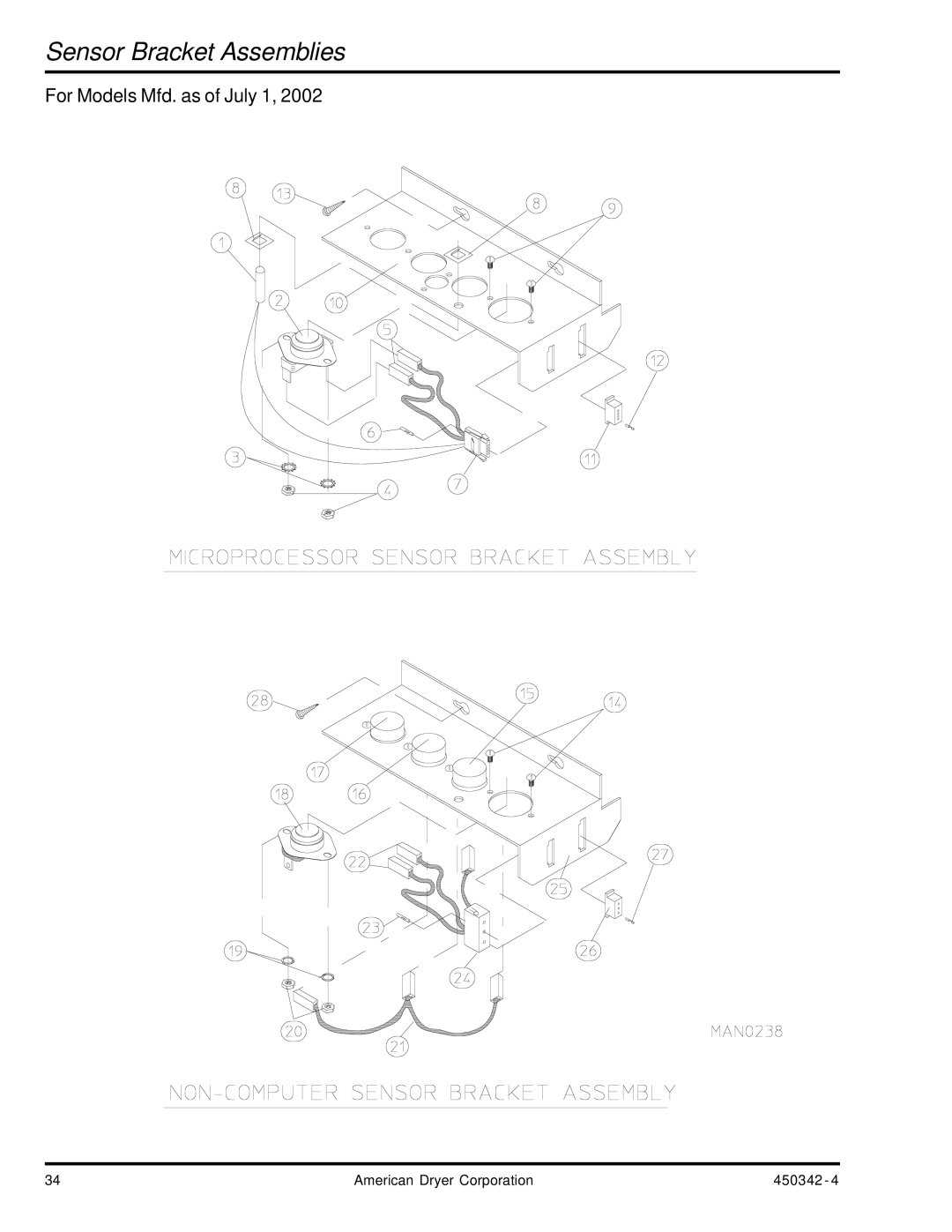 American Dryer Corp AD-25V manual Sensor Bracket Assemblies, For Models Mfd. as of July 1 