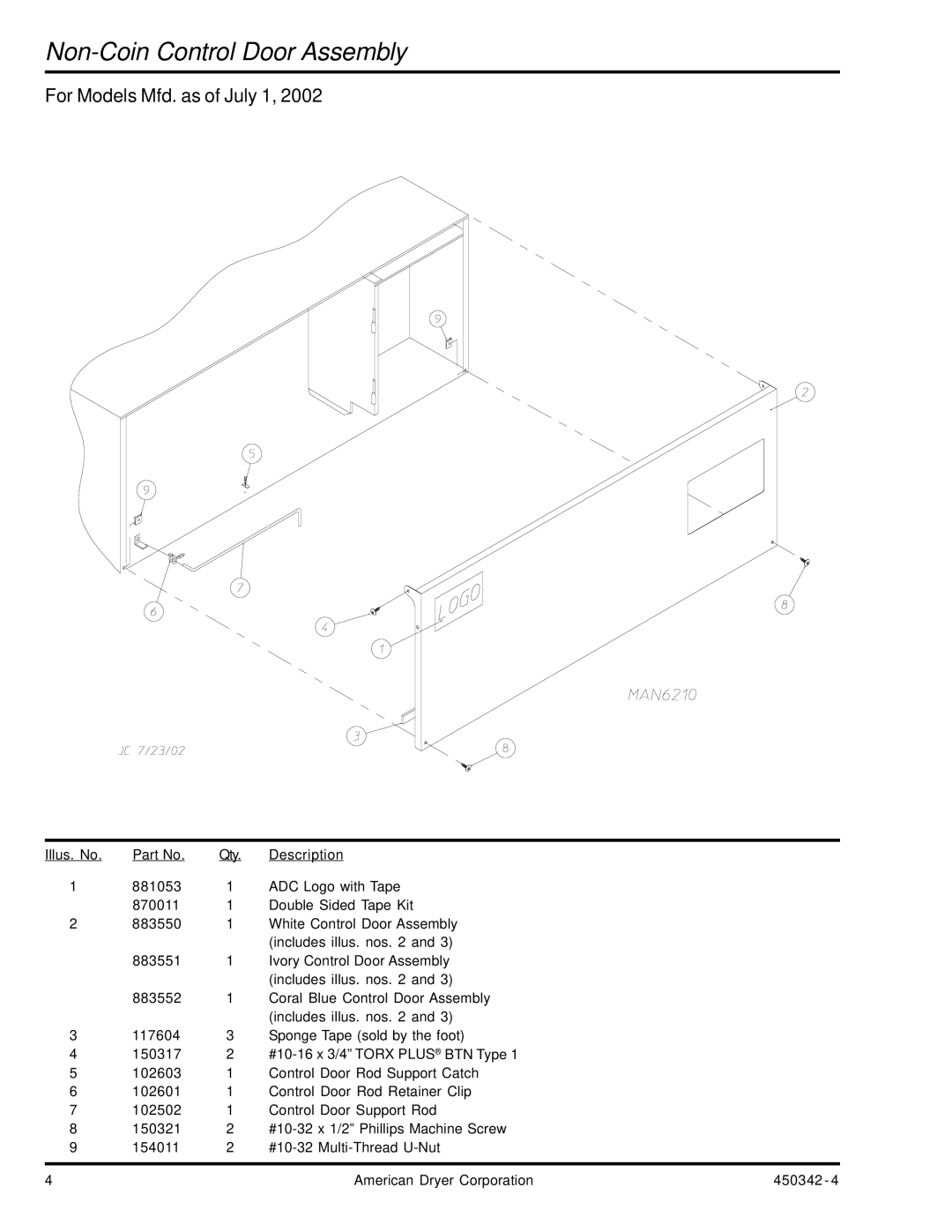 American Dryer Corp AD-25V manual Non-Coin Control Door Assembly, For Models Mfd. as of July 1 