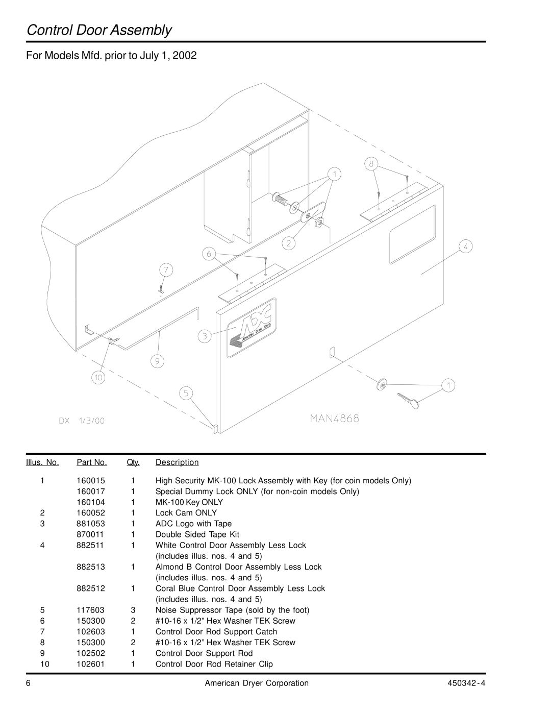 American Dryer Corp AD-25V manual Control Door Assembly, For Models Mfd. prior to July 1 