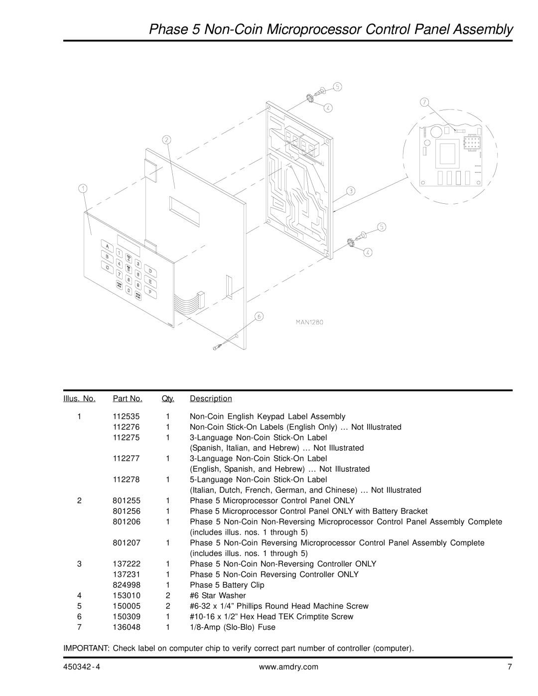 American Dryer Corp AD-25V manual Phase 5 Non-Coin Microprocessor Control Panel Assembly 