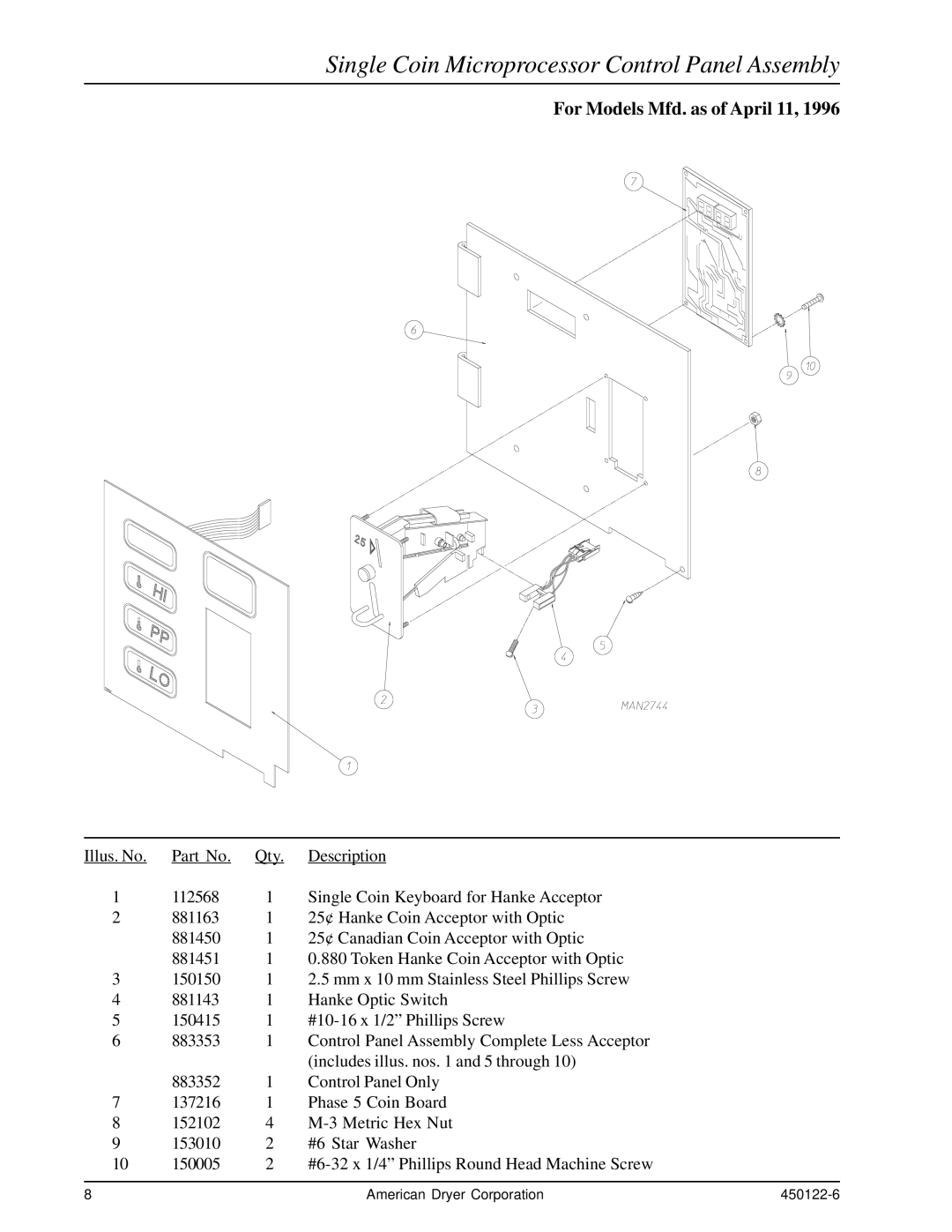 American Dryer Corp AD-26, AD-295 manual Single Coin Microprocessor Control Panel Assembly, For Models Mfd. as of April 11 