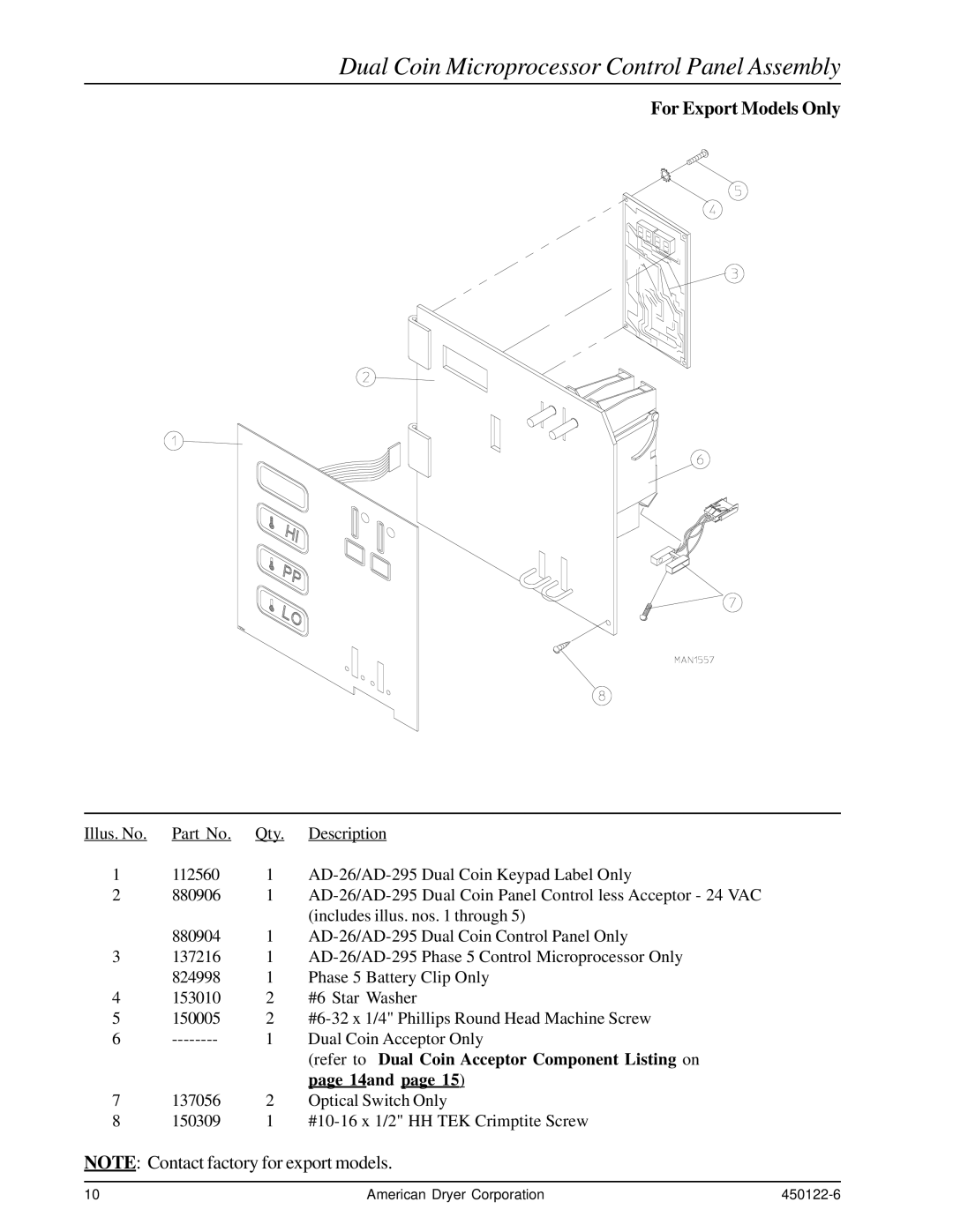 American Dryer Corp AD-26, AD-295 manual Dual Coin Microprocessor Control Panel Assembly, For Export Models Only 