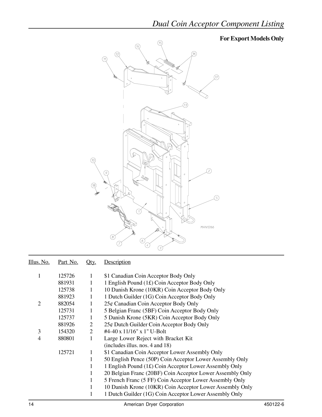 American Dryer Corp AD-26, AD-295 manual Dual Coin Acceptor Component Listing, For Export Models Only 