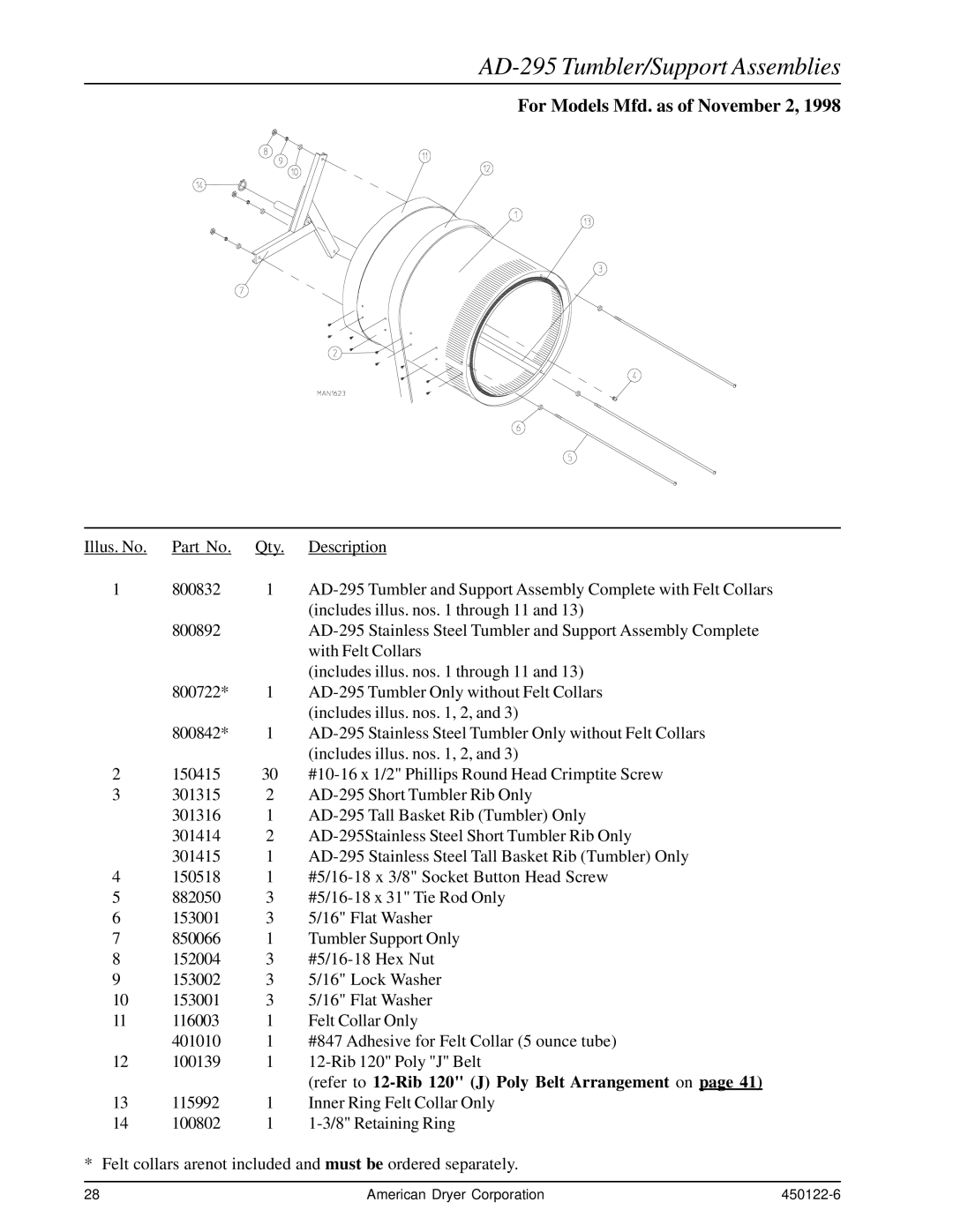 American Dryer Corp AD-26 manual AD-295 Tumbler/Support Assemblies, For Models Mfd. as of November 2 