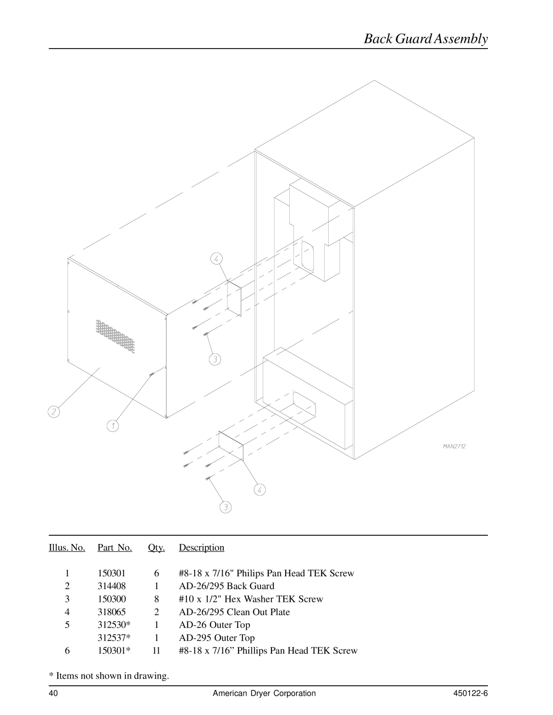 American Dryer Corp AD-26, AD-295 manual Back Guard Assembly 