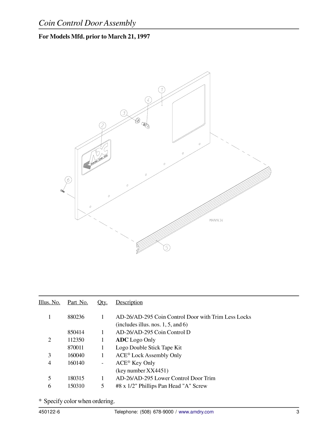 American Dryer Corp AD-295, AD-26 manual Coin Control Door Assembly, For Models Mfd. prior to March 21 