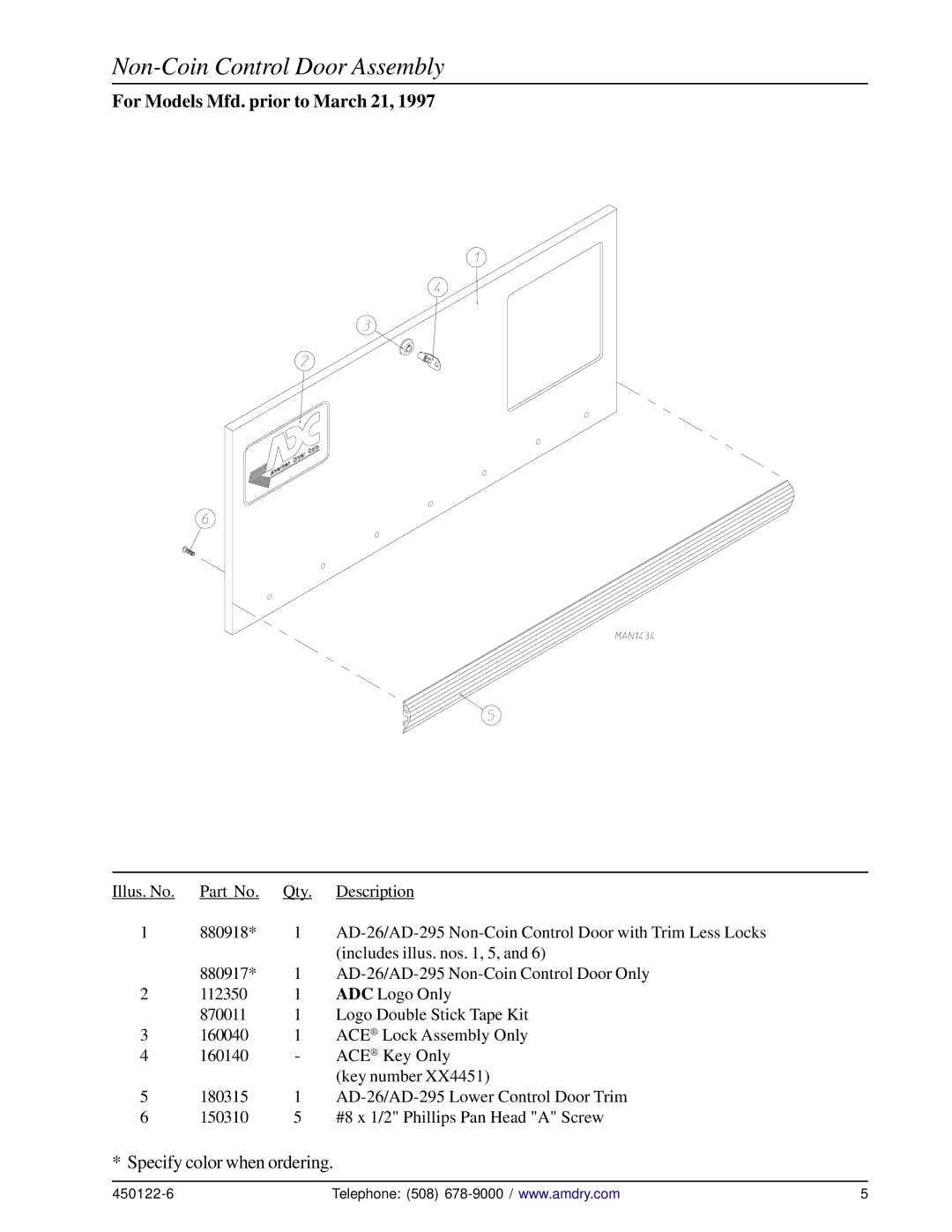 American Dryer Corp AD-295, AD-26 manual Non-Coin Control Door Assembly 