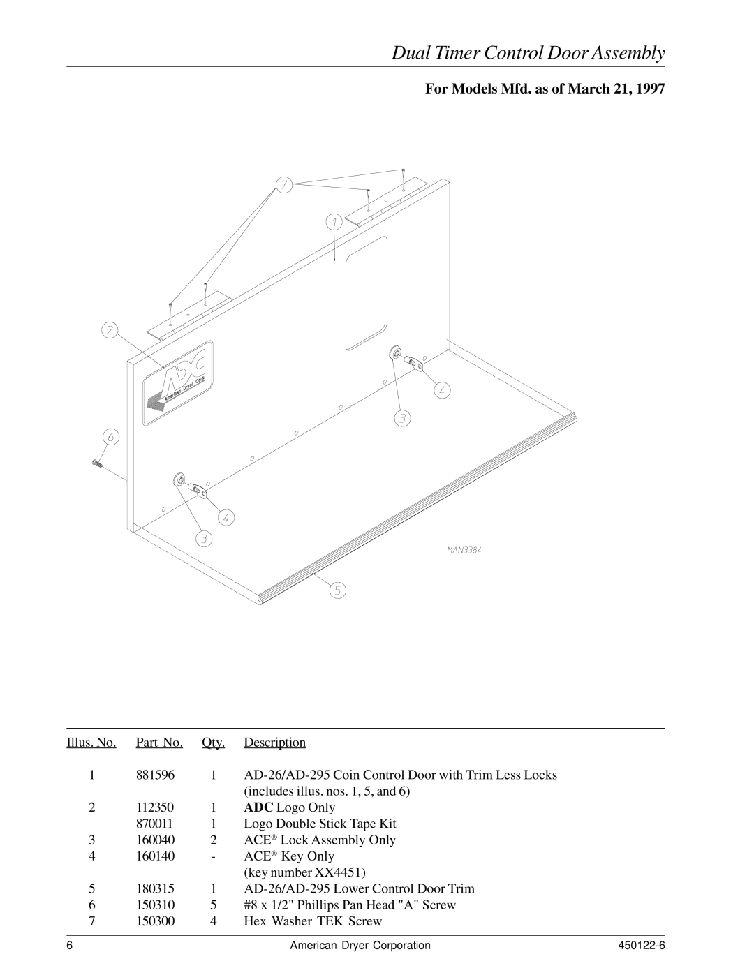 American Dryer Corp AD-26, AD-295 manual Dual Timer Control Door Assembly 