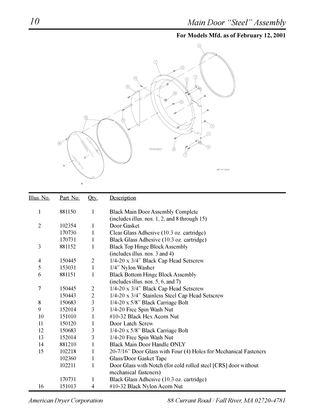 American Dryer Corp AD-27 manual Main Door Steel Assembly, For Models Mfd. as of February 12 