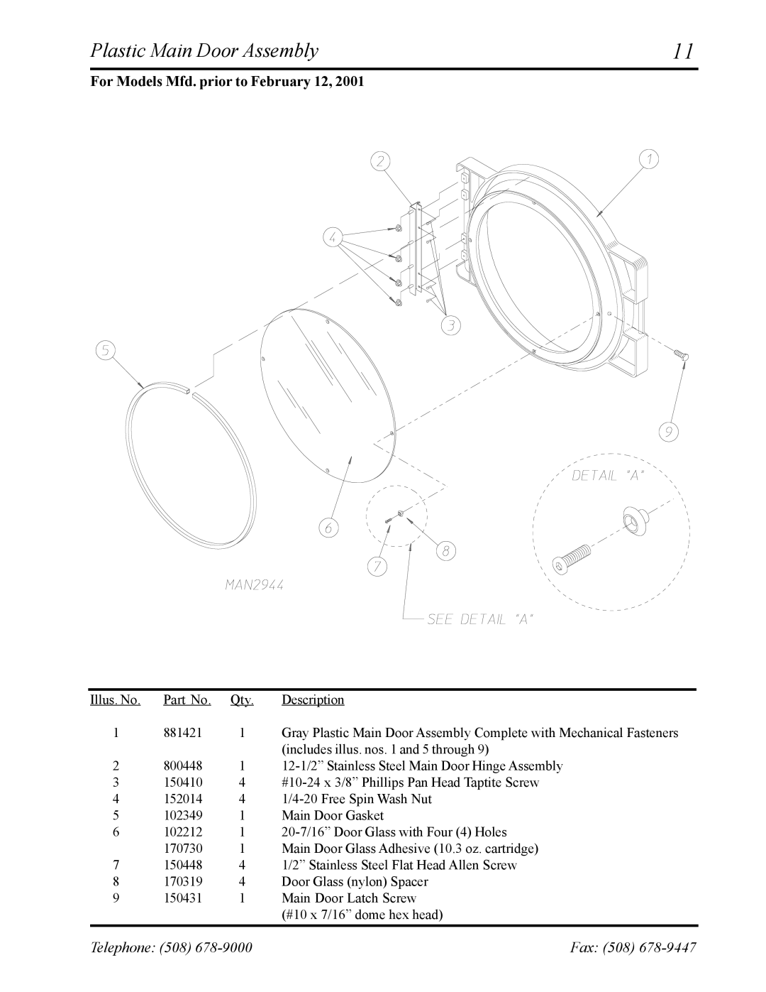 American Dryer Corp AD-27 manual Plastic Main Door Assembly, For Models Mfd. prior to February 12 