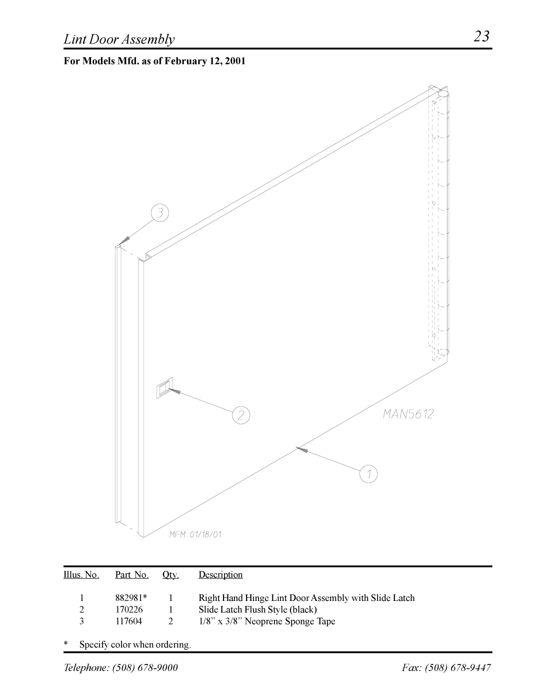 American Dryer Corp AD-27 manual Lint Door Assembly, For Models Mfd. as of February 12 