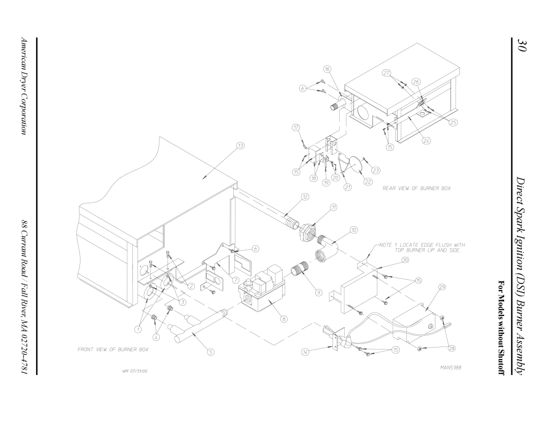 American Dryer Corp AD-27 manual Direct Spark Ignition DSI Burner Assembly, For Models without Shutoff 