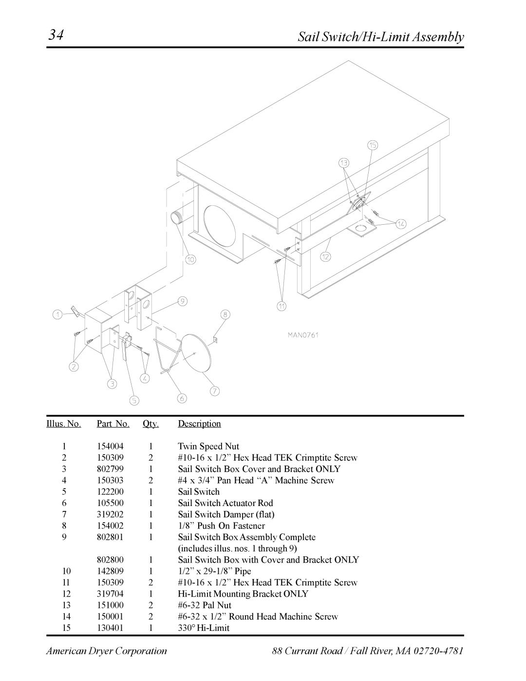 American Dryer Corp AD-27 manual Sail Switch/Hi-Limit Assembly 