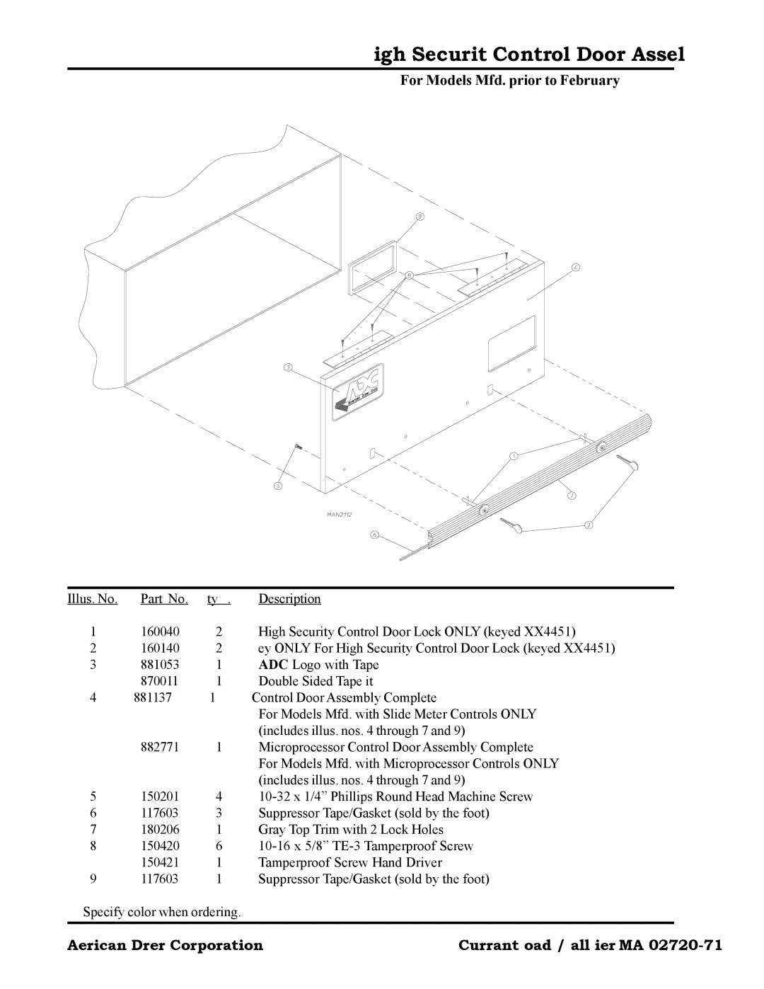 American Dryer Corp AD-27 manual High Security Control Door Assembly, For Models Mfd. prior to February 12 