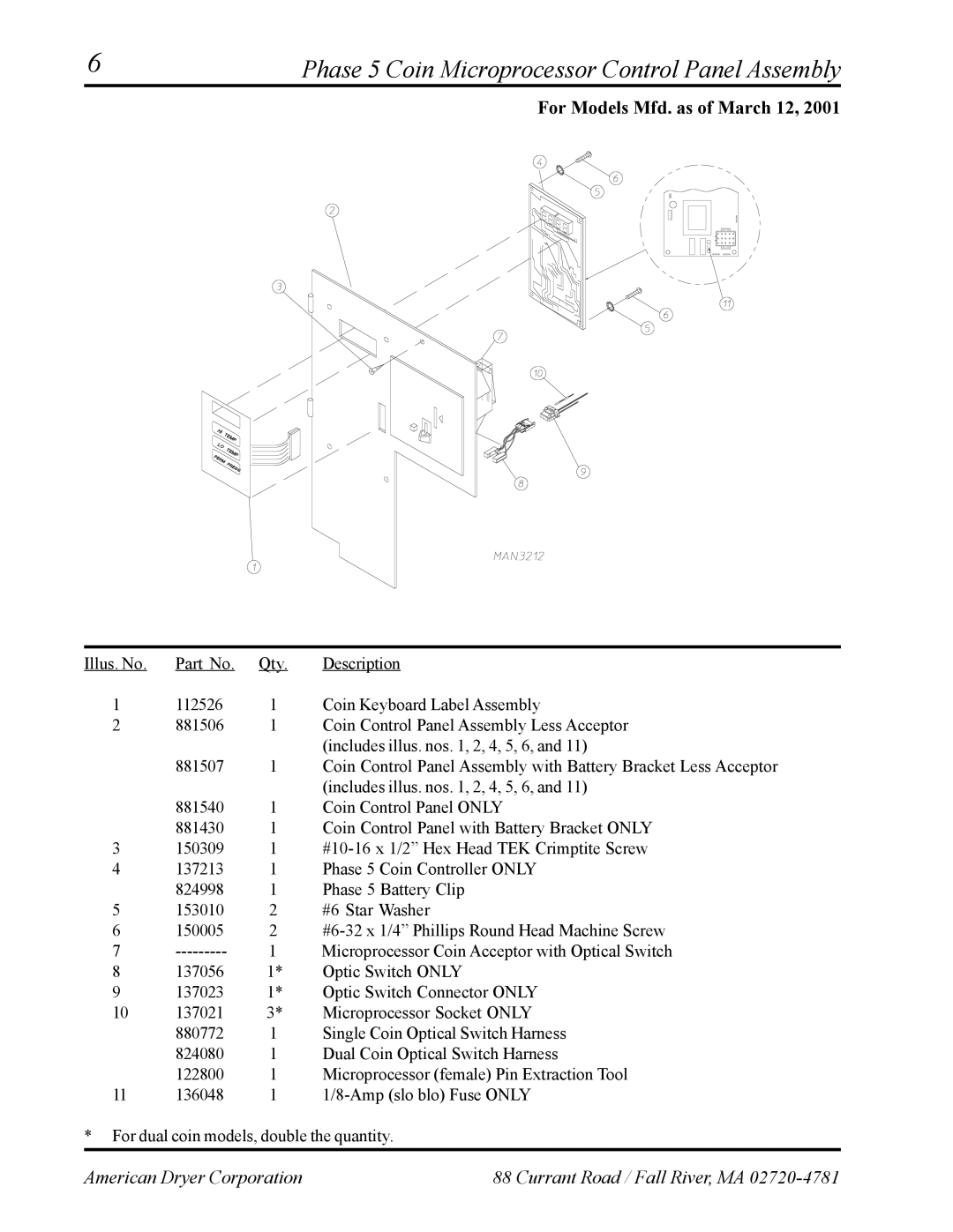 American Dryer Corp AD-27 manual Phase 5 Coin Microprocessor Control Panel Assembly, For Models Mfd. as of March 12 