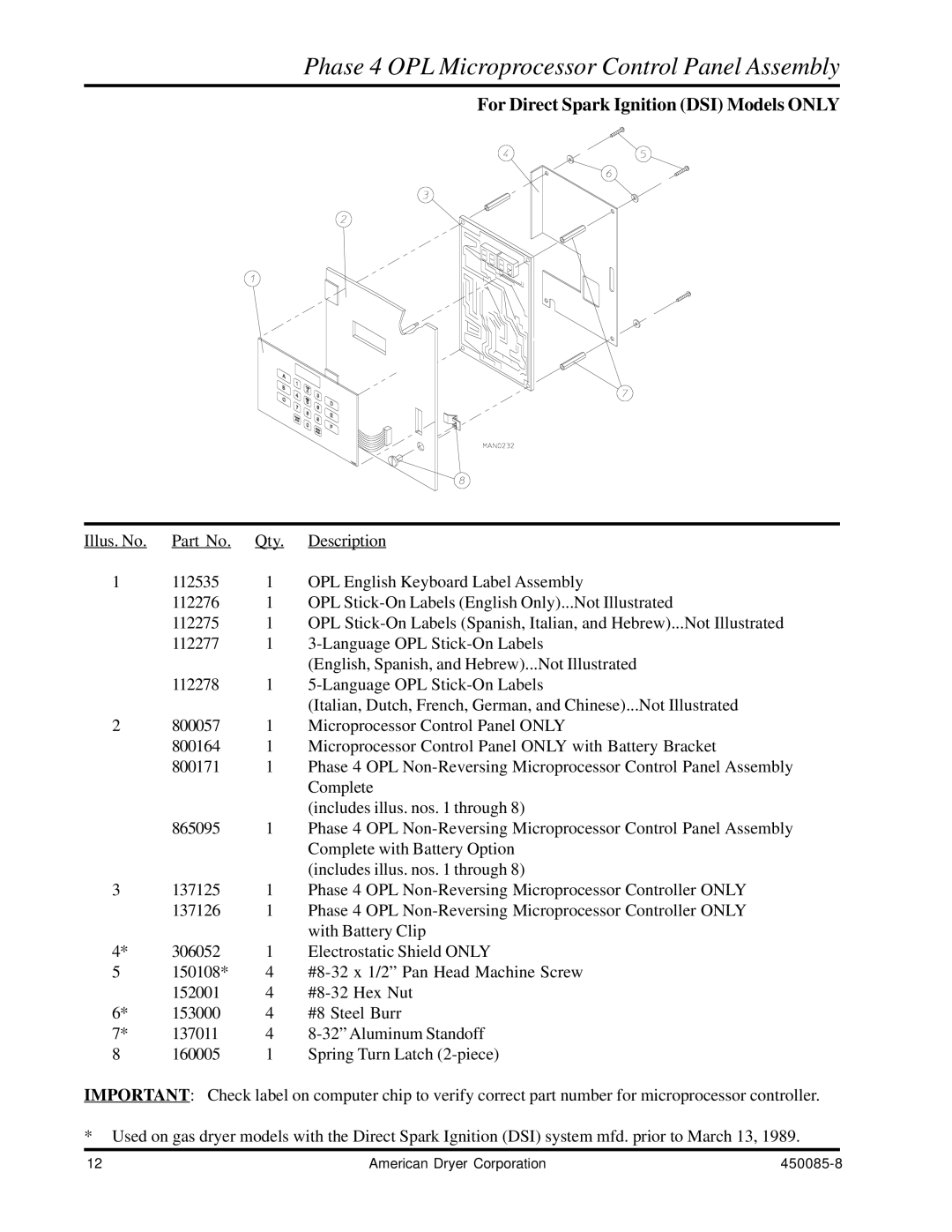 American Dryer Corp AD-285 Phase 4 OPL Microprocessor Control Panel Assembly, For Direct Spark Ignition DSI Models only 