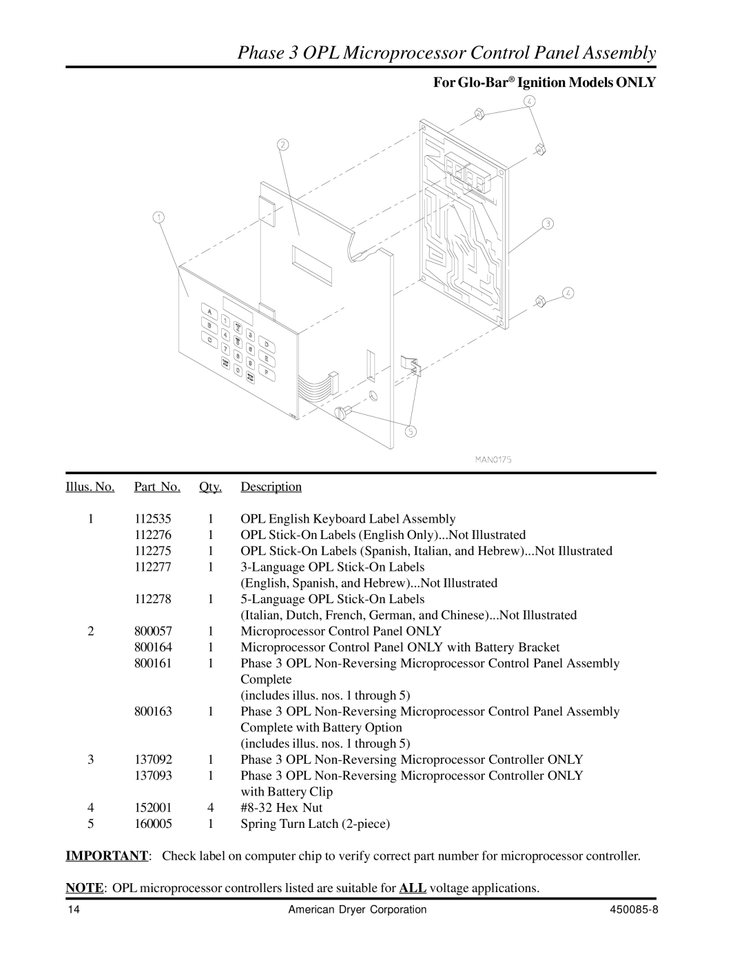 American Dryer Corp AD-285 manual Phase 3 OPL Microprocessor Control Panel Assembly, For Glo-BarIgnition Models only 