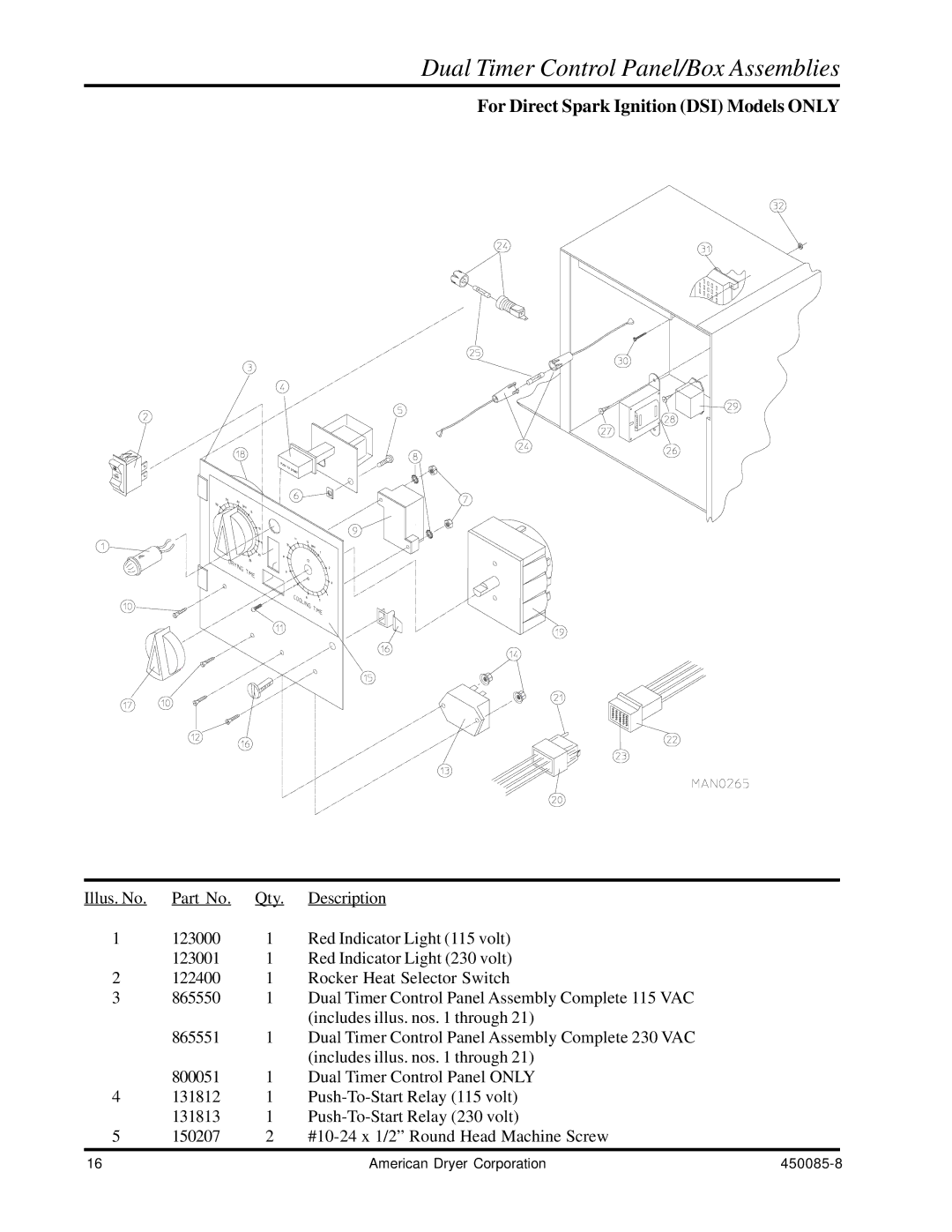 American Dryer Corp AD-285 manual Dual Timer Control Panel/Box Assemblies, For Direct Spark Ignition DSI Models only 