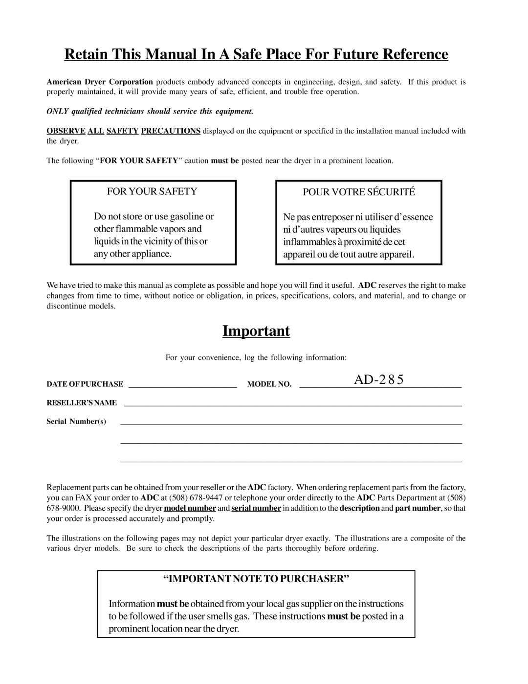 American Dryer Corp AD-285 manual Retain This Manual In a Safe Place For Future Reference 