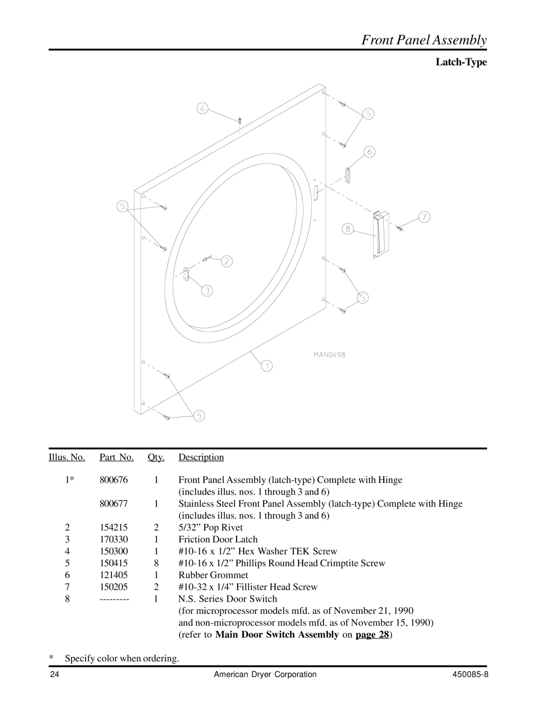 American Dryer Corp AD-285 manual Front Panel Assembly, Latch-Type 