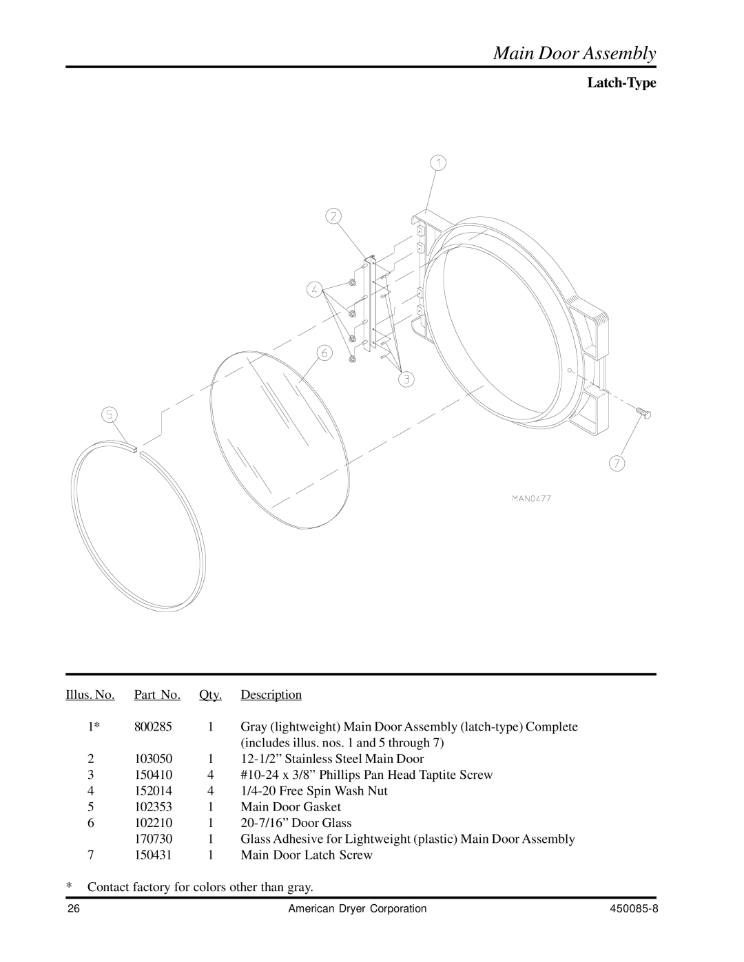 American Dryer Corp AD-285 manual Main Door Assembly 