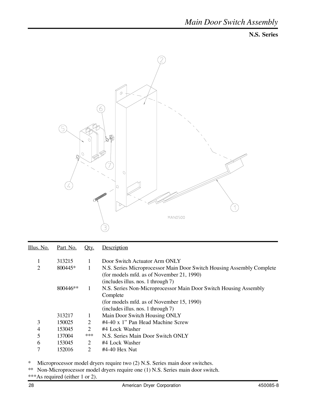 American Dryer Corp AD-285 manual Main Door Switch Assembly, Series 