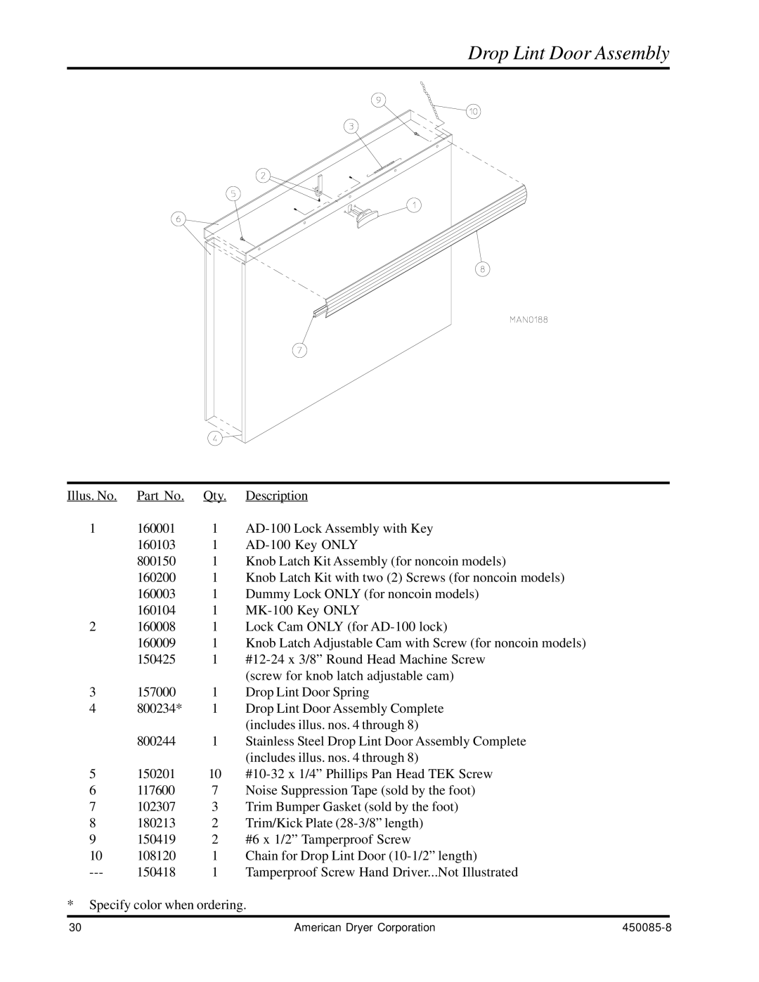 American Dryer Corp AD-285 manual Drop Lint Door Assembly 