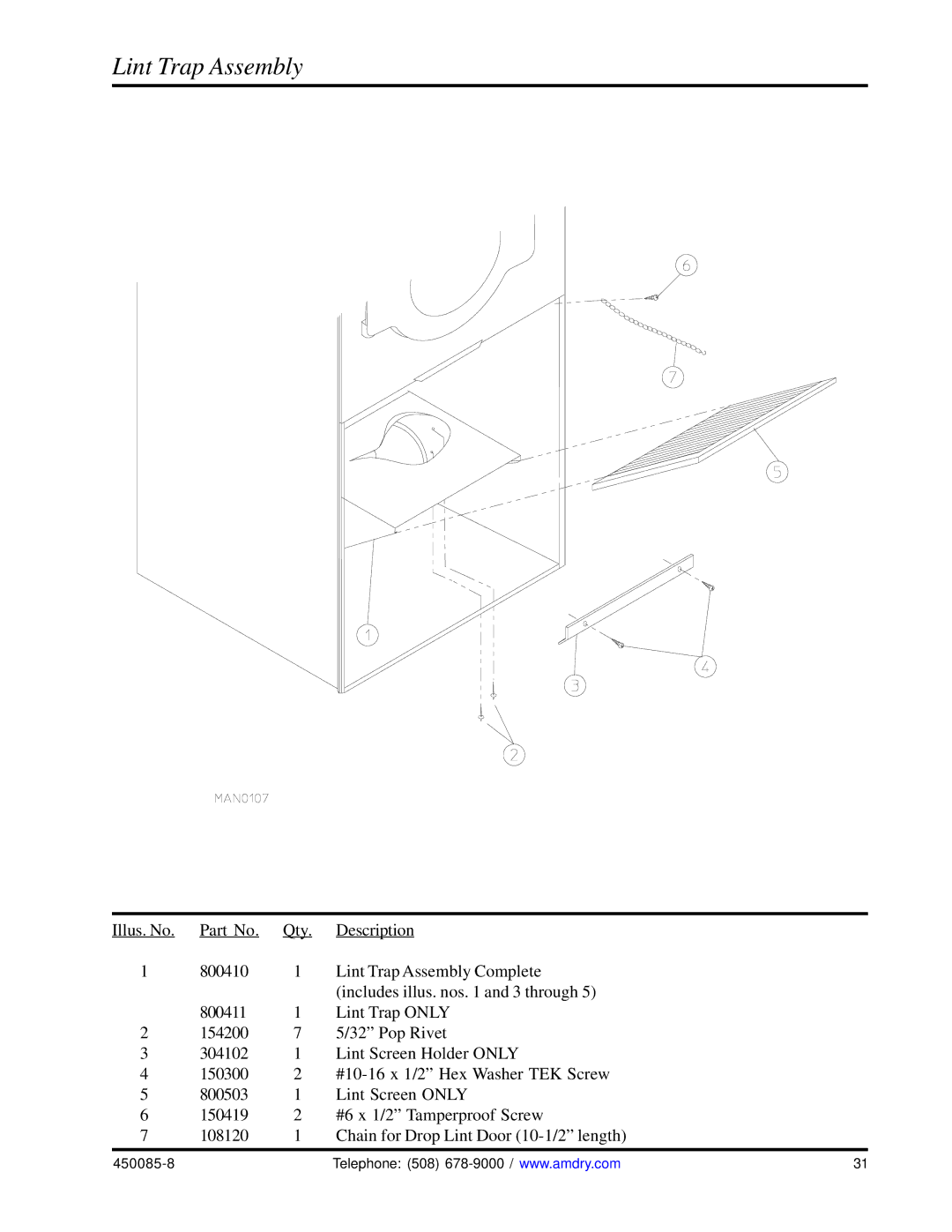 American Dryer Corp AD-285 manual Lint Trap Assembly 