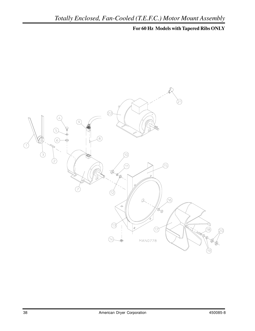 American Dryer Corp AD-285 manual Totally Enclosed, Fan-Cooled T.E.F.C. Motor Mount Assembly 