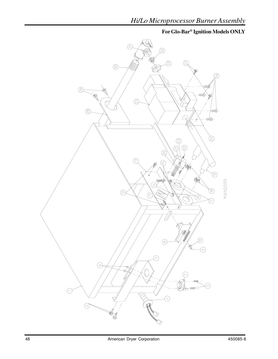 American Dryer Corp AD-285 manual Hi/Lo Microprocessor Burner Assembly, For Glo-BarIgnition Models only 