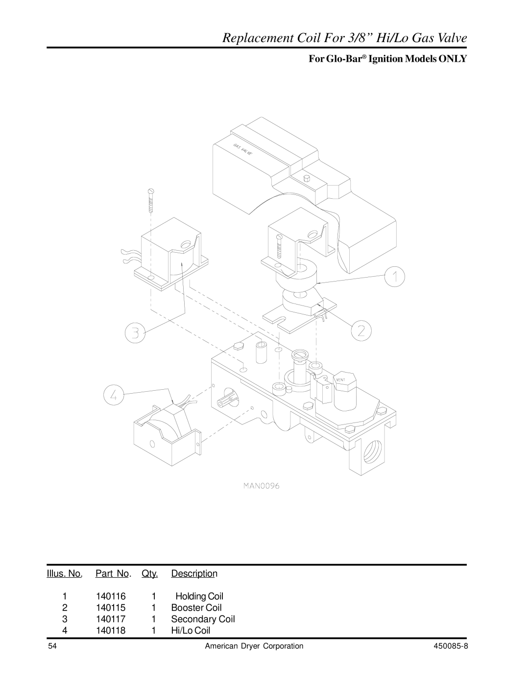 American Dryer Corp AD-285 manual Replacement Coil For 3/8 Hi/Lo Gas Valve, For Glo-BarIgnition Models only 