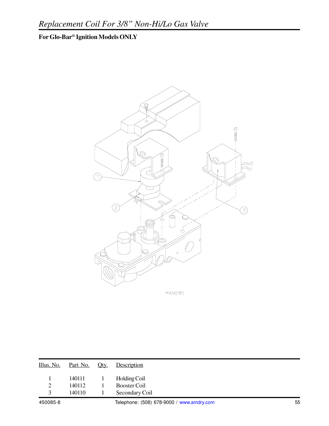 American Dryer Corp AD-285 manual Replacement Coil For 3/8 Non-Hi/Lo Gas Valve 