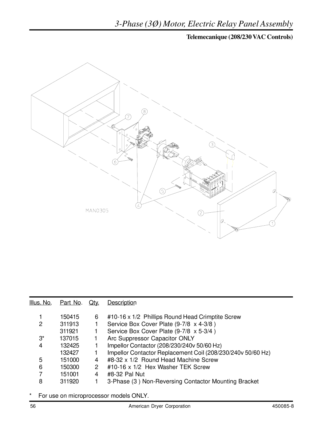 American Dryer Corp AD-285 manual Phase 3Ø Motor, Electric Relay Panel Assembly, Telemecanique 208/230 VAC Controls 