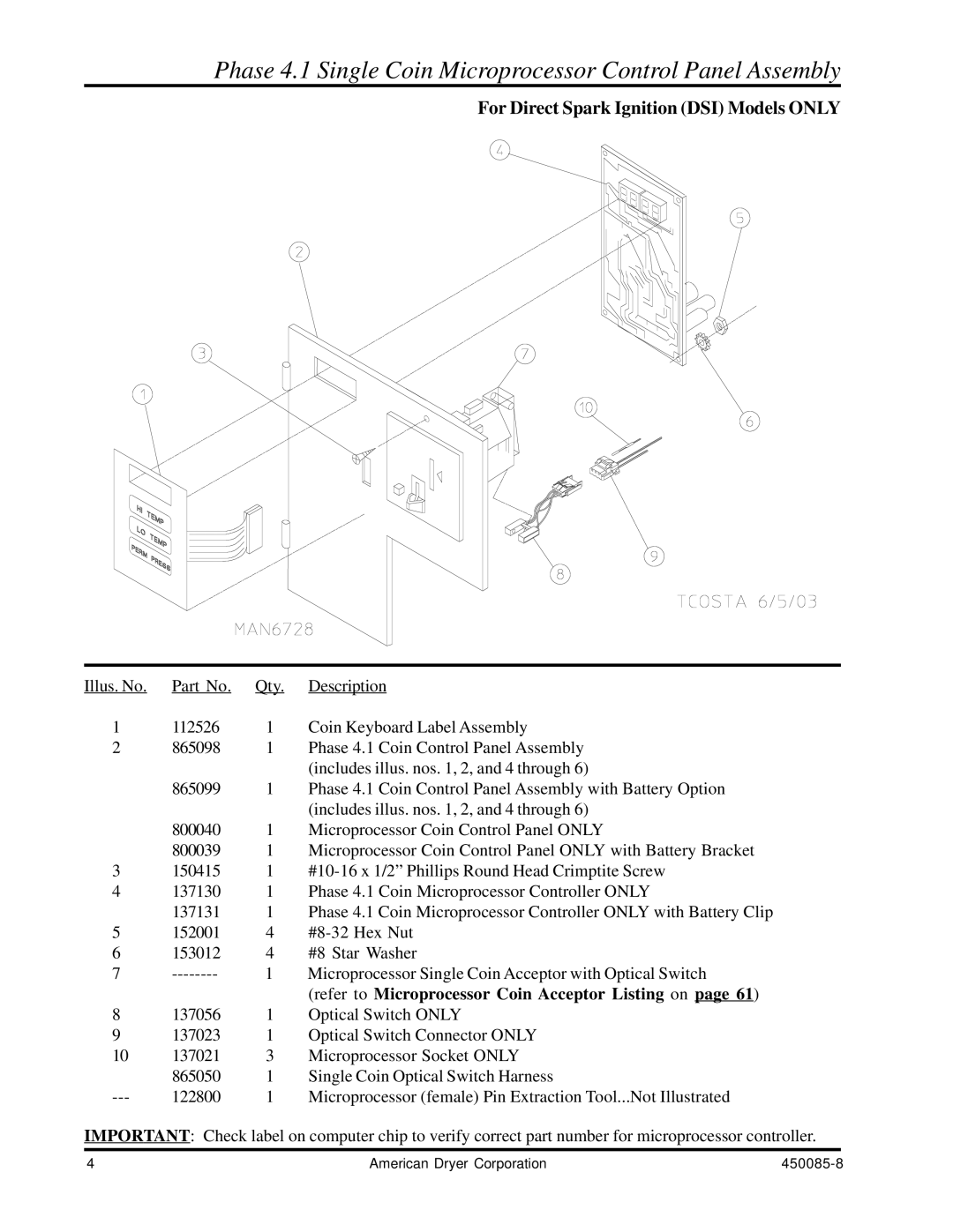 American Dryer Corp AD-285 manual Phase 4.1 Single Coin Microprocessor Control Panel Assembly 