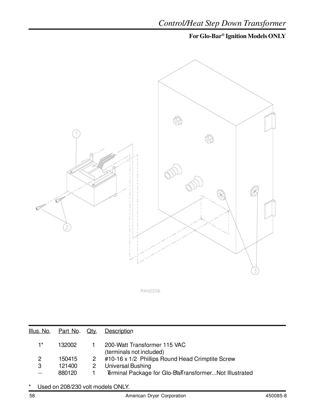 American Dryer Corp AD-285 manual Control/Heat Step Down Transformer, For Glo-BarIgnition Models only 