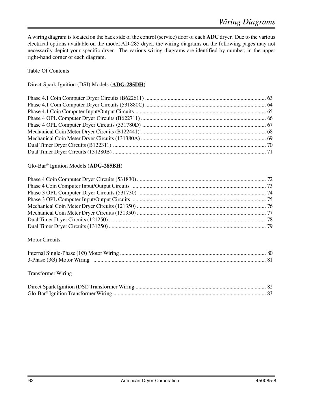 American Dryer Corp AD-285 manual Wiring Diagrams, Glo-BarIgnition Models ADG-285BH 