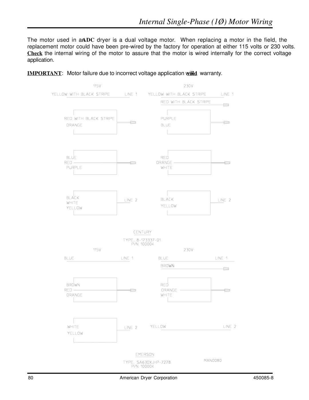 American Dryer Corp AD-285 manual Internal Single-Phase 1Ø Motor Wiring 