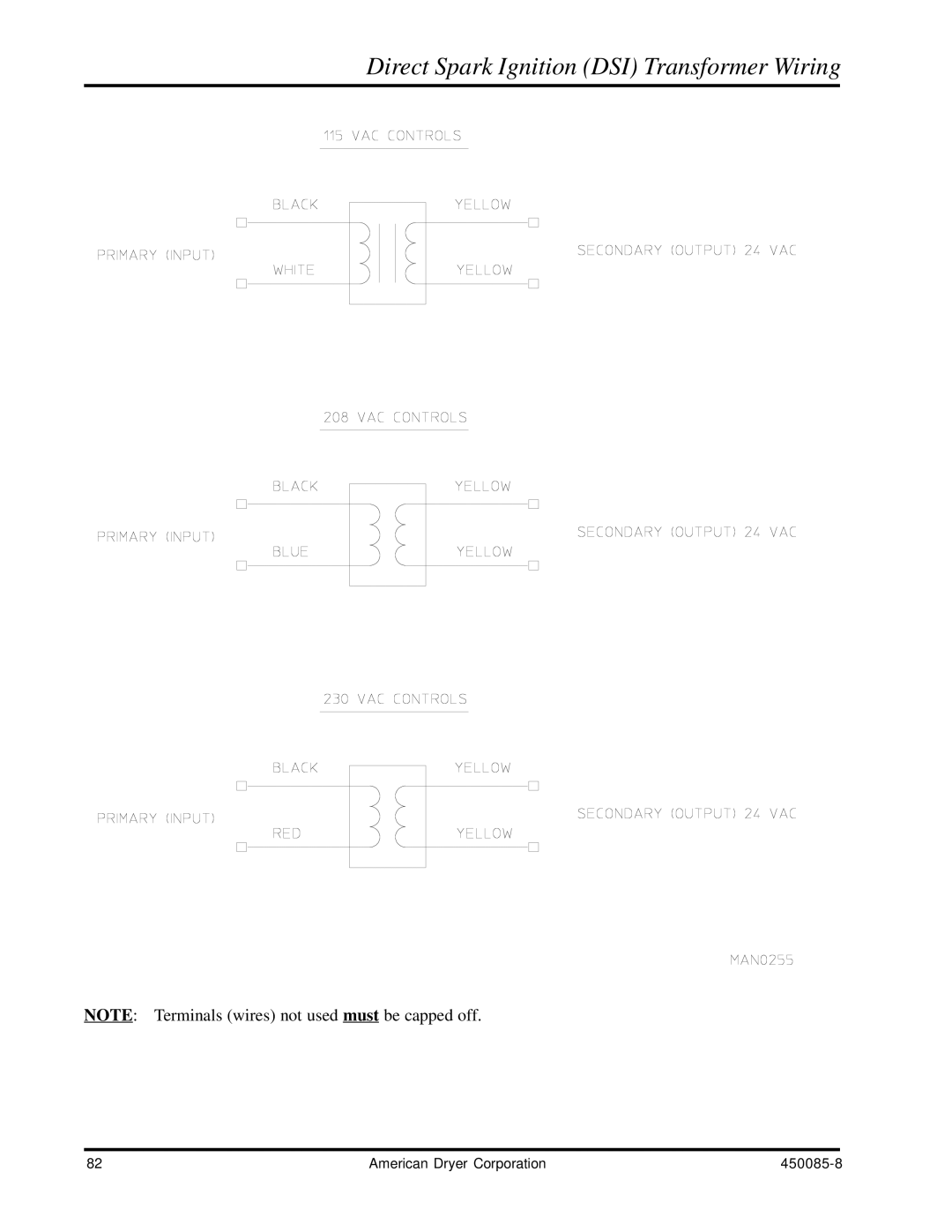 American Dryer Corp AD-285 manual Direct Spark Ignition DSI Transformer Wiring 
