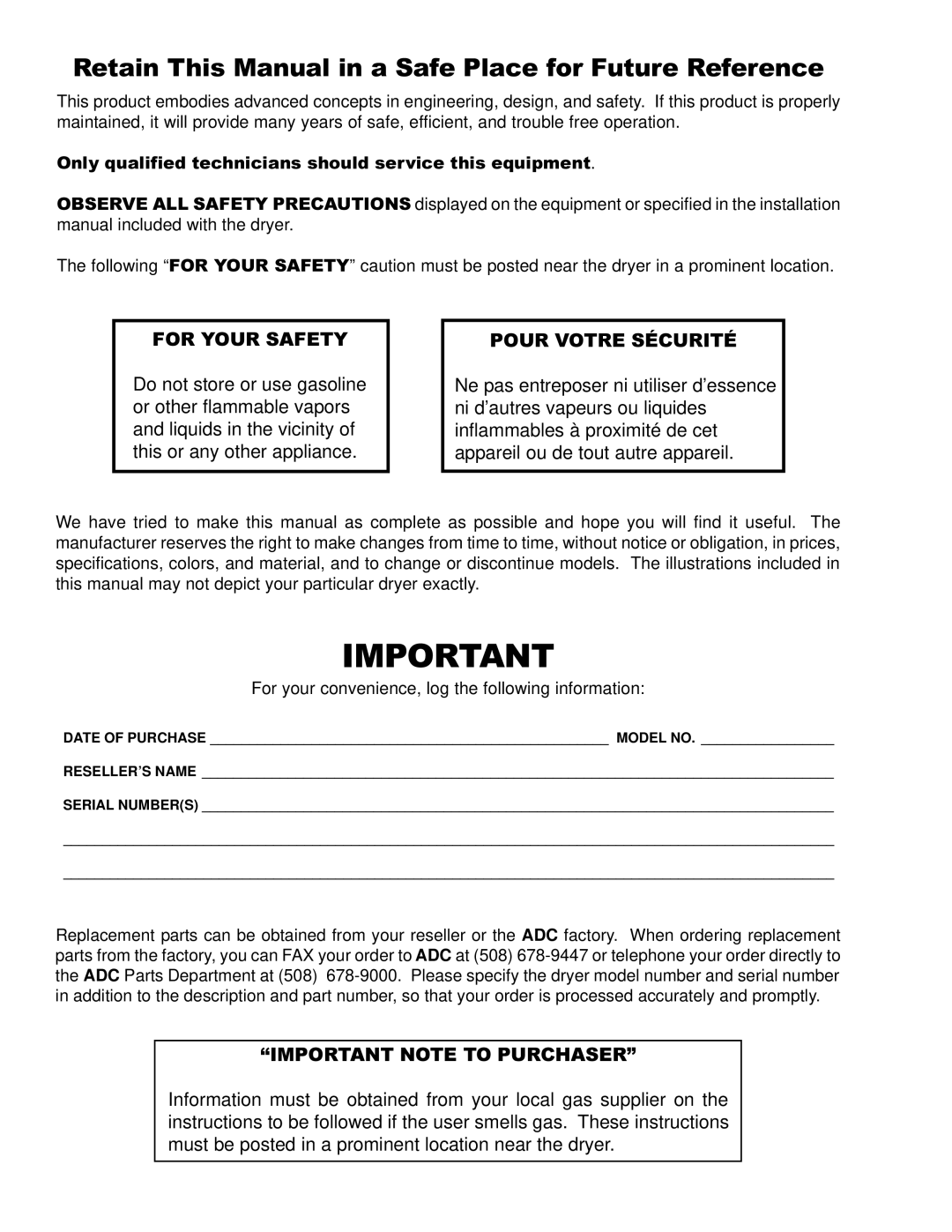 American Dryer Corp AD-30, AD-25 service manual Retain This Manual in a Safe Place for Future Reference 