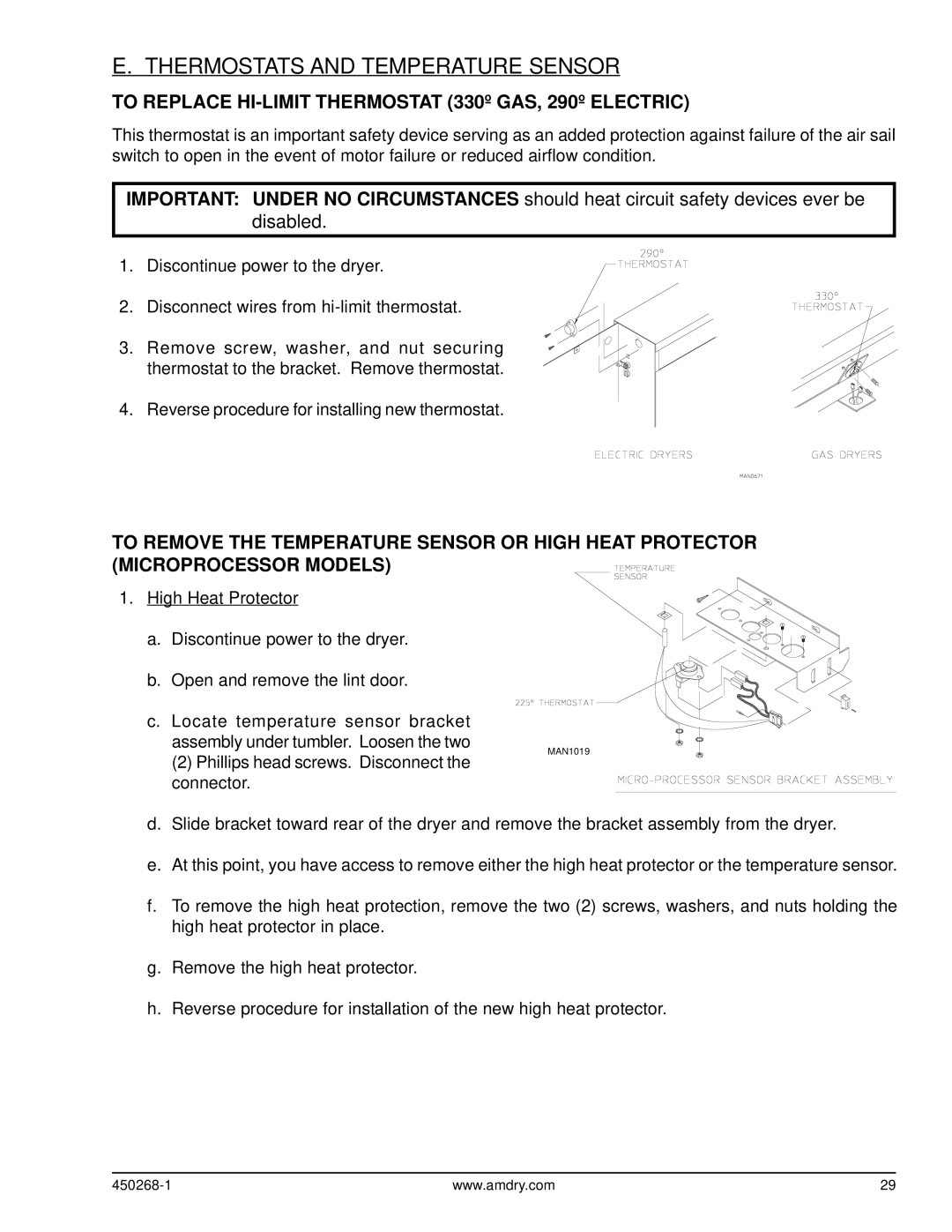 American Dryer Corp AD-25 Thermostats and Temperature Sensor, To Replace HI-LIMIT Thermostat 330º GAS, 290º Electric 