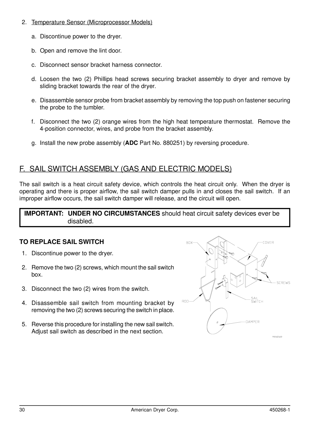 American Dryer Corp AD-30, AD-25 service manual Sail Switch Assembly GAS and Electric Models, To Replace Sail Switch 